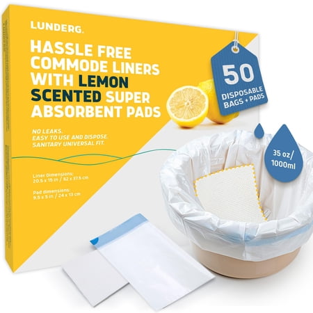 Lunderg Commode Liners with Lemon Scented Absorbent Pads - Value Pack Medical Grade 50 Count Universal Fit - Disposable Bedside Commode Liners and Pads for Adult Commode Chairs & Portable Toilets