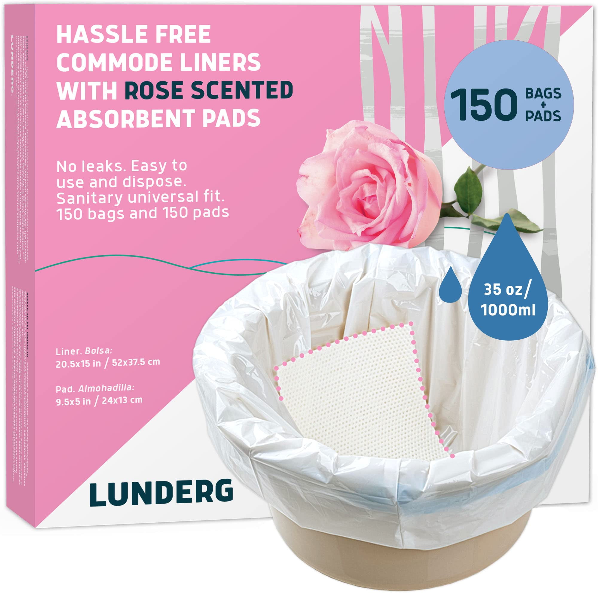 Lunderg Commode Liners with Rose Scented Absorbent Pads Value Pack