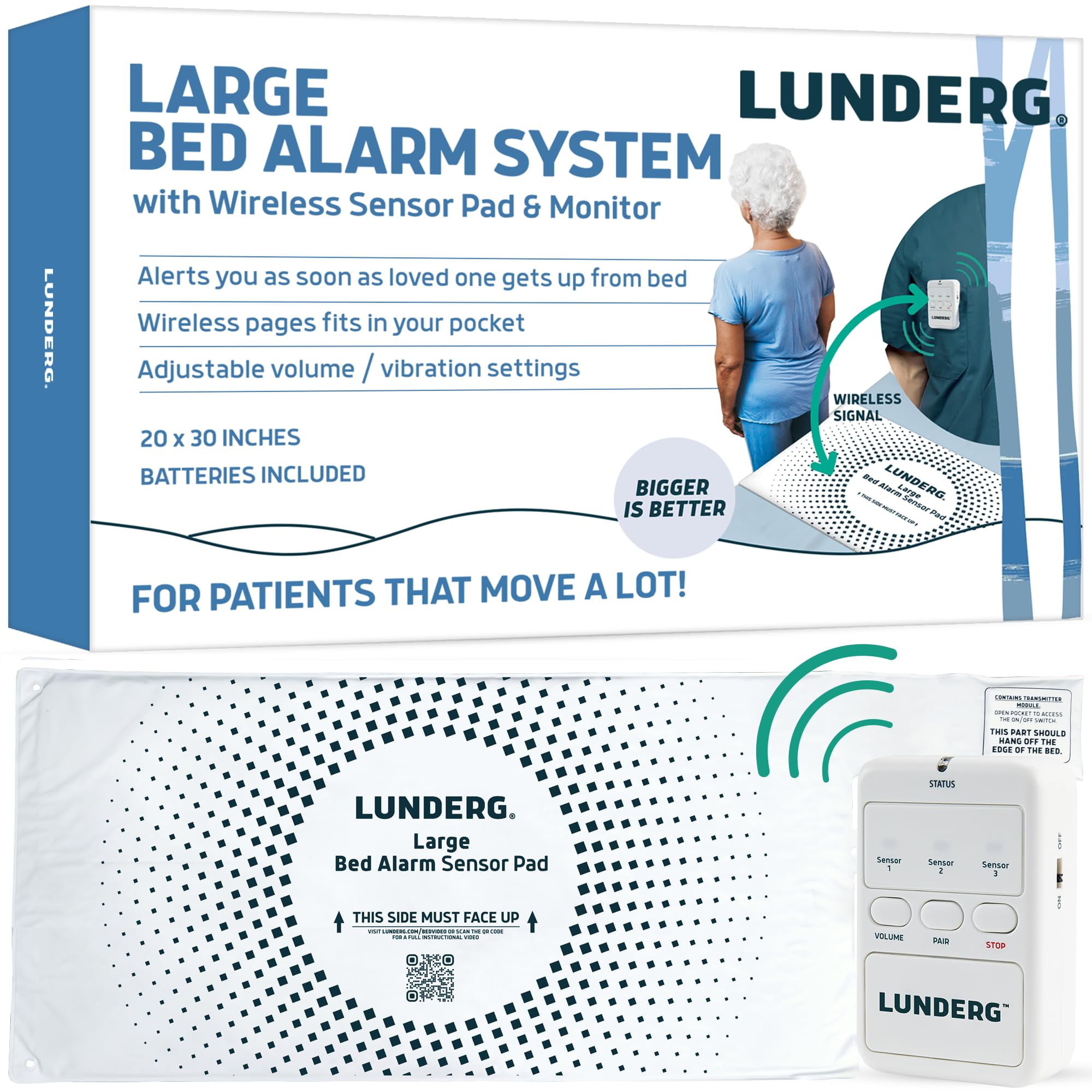 Lunderg Large Bed Alarm System Wireless Bed Sensor Pad (20” x 30