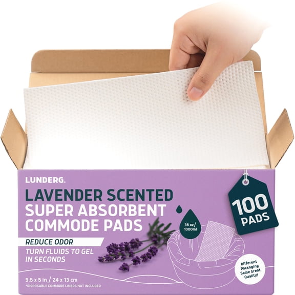 Lunderg Lavender Scented Super Absorbent Commode Pads - Medical Grade Value Pack 100 Count - for Bedside Commode Liners Disposable, Adult Commode Chair, Portable Toilet Bags - Light Scent