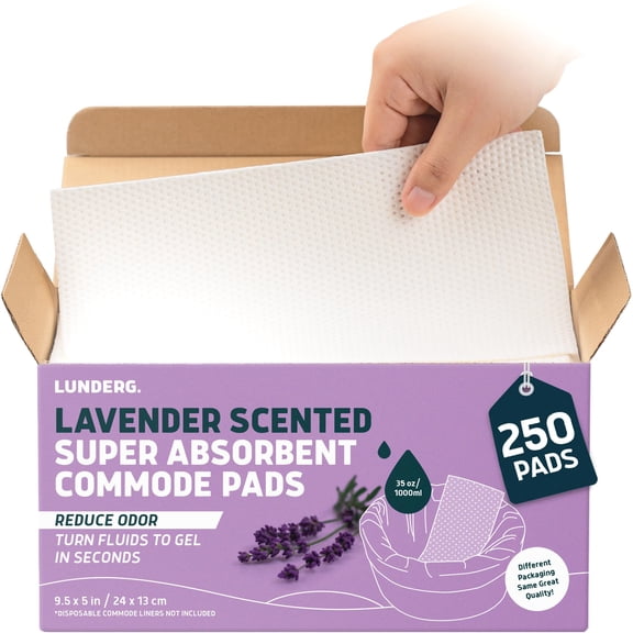 Lunderg Lavender Scented Super Absorbent Commode Pads - Medical Grade Value Pack 250 Count - for Bedside Commode Liners Disposable, Adult Commode Chair, Portable Toilet Bags - Light Scent