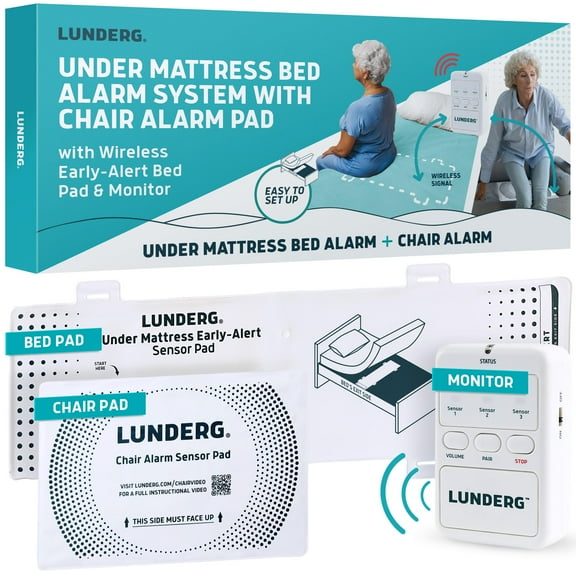 Lunderg Under Mattress Bed Alarm for Elderly Adults & Chair Alarm Set - Wireless Early-Alert Bed Pad, Chair Pad & Pager - Bed Alarms and Fall Prevention for Elderly and Dementia Patients