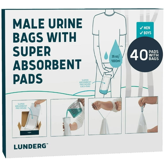 Lunderg Disposable Urine Bags for Men with Super Absorbent Pad - Value Pack 40 Count - Disposable & Portable - For travel, Car Pee Bag or Pocket Toilet for Emergency & Camping. Help Yourself Anywhere