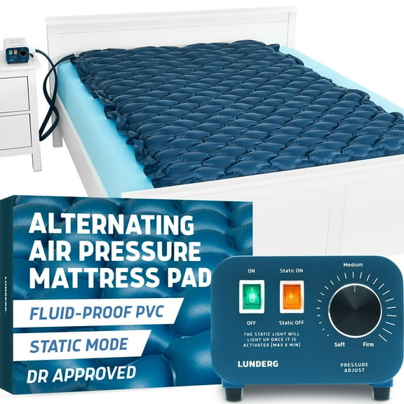 Lunderg Queen Size Alternating Air Pressure Mattress Pad with Static Mode - Comfortable Bed Sore Prevention - Includes Waterproof Mattress Topper 52" x 75" & Quiet Pump - Recommended by Doctors