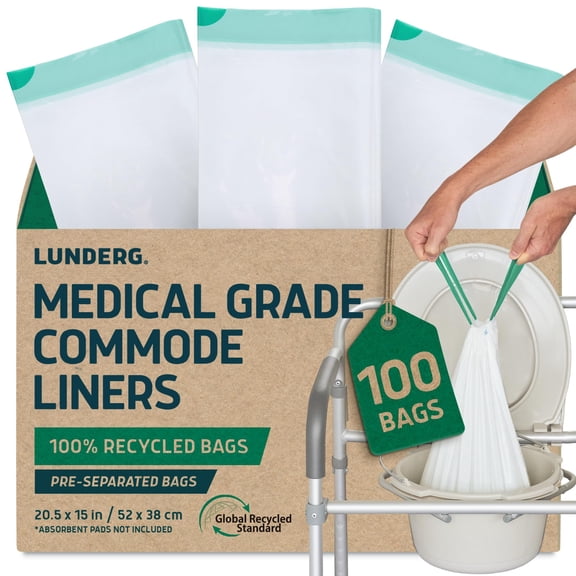 Lunderg Recycled Commode Liners - 100 Environment Friendly Portable Toilet Bags - Medical Grade Bedside Commode Liners Disposable - Universal Fit & Easy to Use - Absorbent Pads NOT included