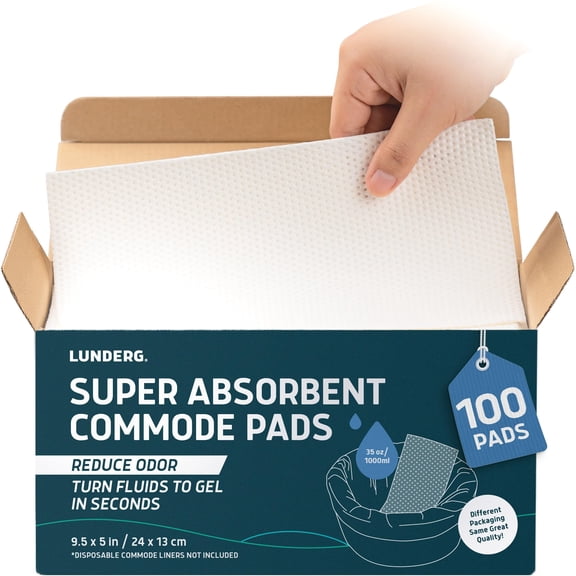 Lunderg Super Absorbent Commode Pads - Medical Grade Value Pack 100 Count - for Bedside Commode Liners Disposable, Adult Commode Chair, Portable Toilet Bags or Camping - Make Life so Much Easier