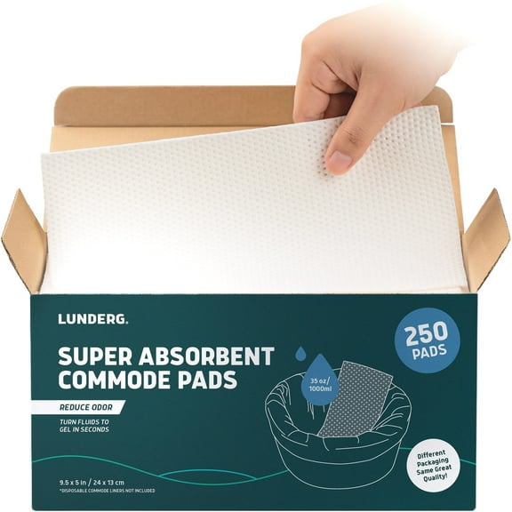 Lunderg Super Absorbent Commode Pads - Medical Grade Value Pack 250 Count - for Bedside Commode Liners Disposable, Adult Commode Chair, Portable Toilet Bags or Camping - Make Life so Much Easier