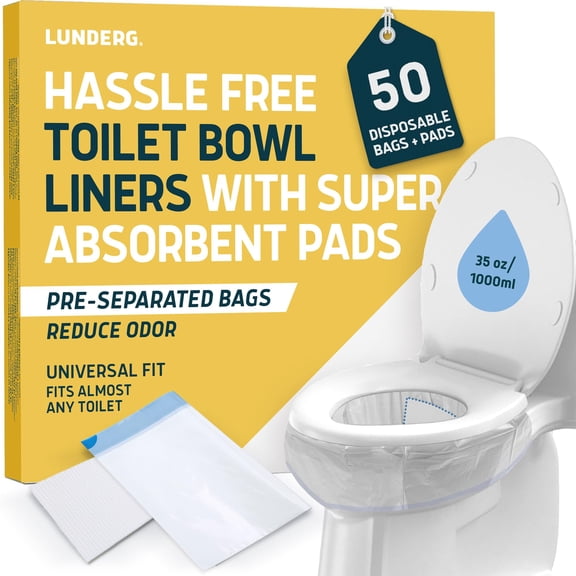 Lunderg Toilet Bowl Liners with Lemon Scented Super Absorbent Pads - Value Pack 50 Count Universal Fit. Disposable Toilet Bags to Convert Any Home, Boat or Camping Toilet in a Dry Toilet
