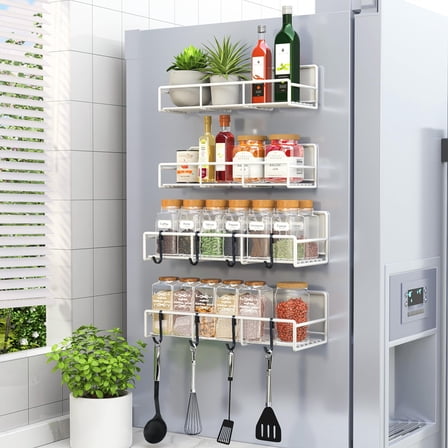 Lunememo Magnetic Spice Rack for Refrigerator, 4 Pack Magnetic Fridge Shelf with 8 Hooks, Strong Magnet & No Drilling, White