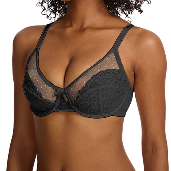 Lunera Lace Bra for Women No Underwire Thin Mesh Gathered Full Coverage Push Up Sagging Bras Grey 36G