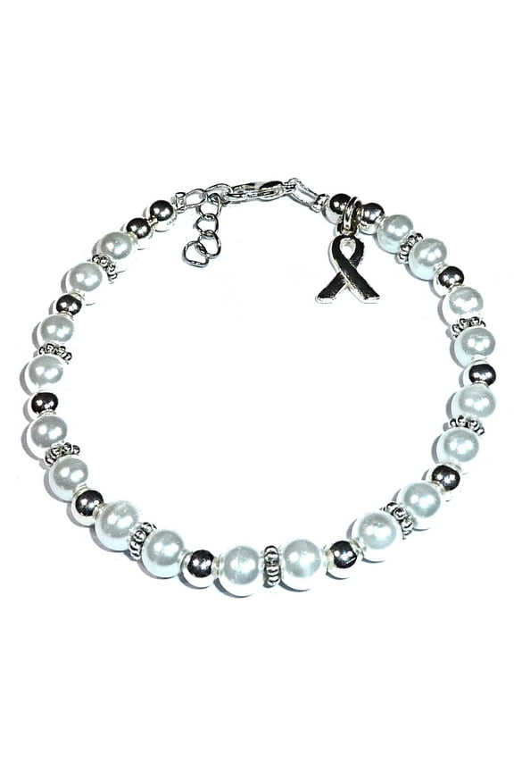 Lung Cancer Awareness Bracelet by Hidden Hollow Beads - 7 3/4 in. - Fits Most Adults - Lobster Clasp (White Pearl)