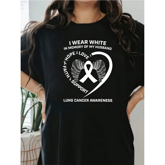 Lung Cancer Awareness Women's Graphic T-Shirt - I Wear White In Memory Of My Husband Support Tee
