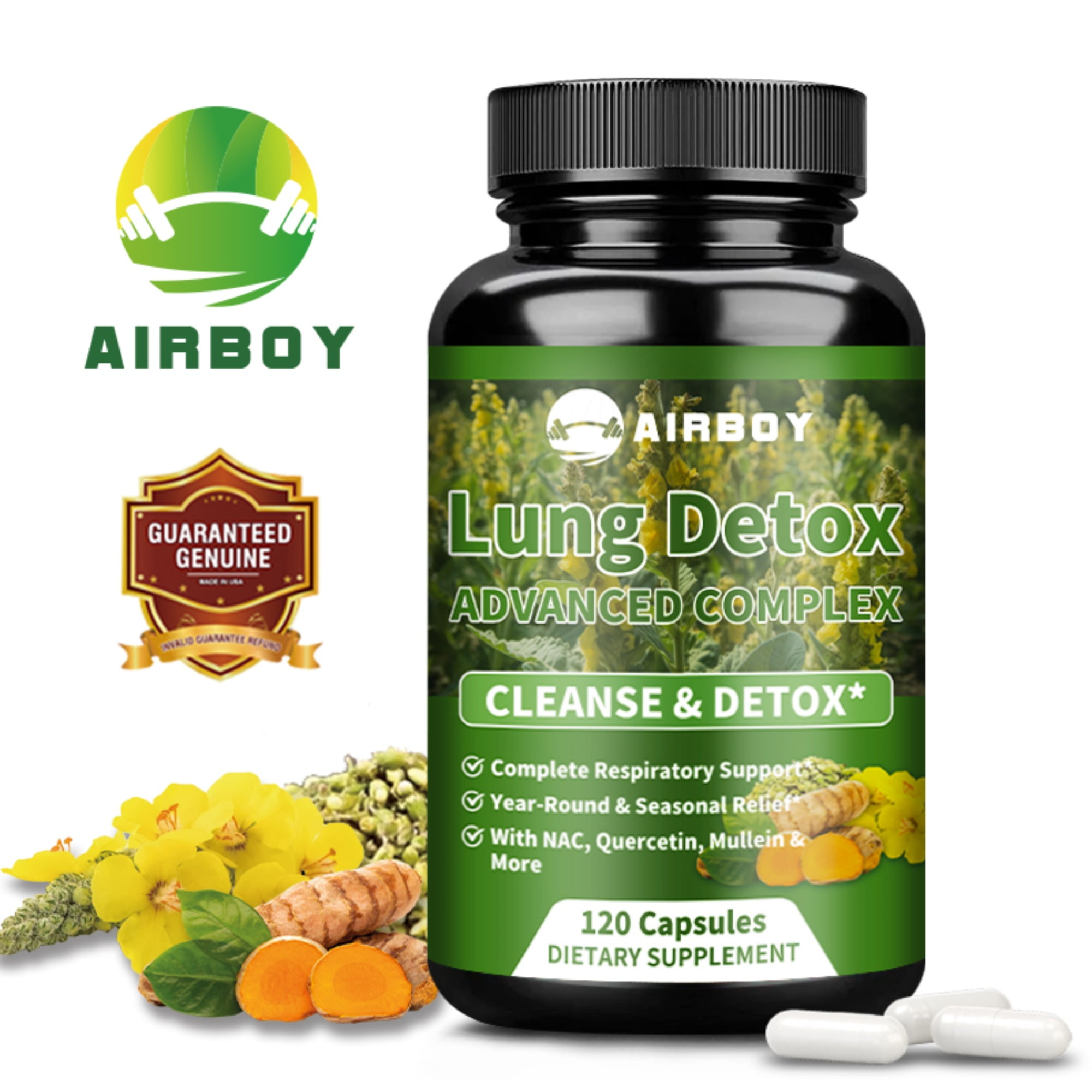 Lung Detox - Mullein Leaf, Bromelain, Quercetin, NAC - Clear Lungs, Respiratory Health - 120 Capsules