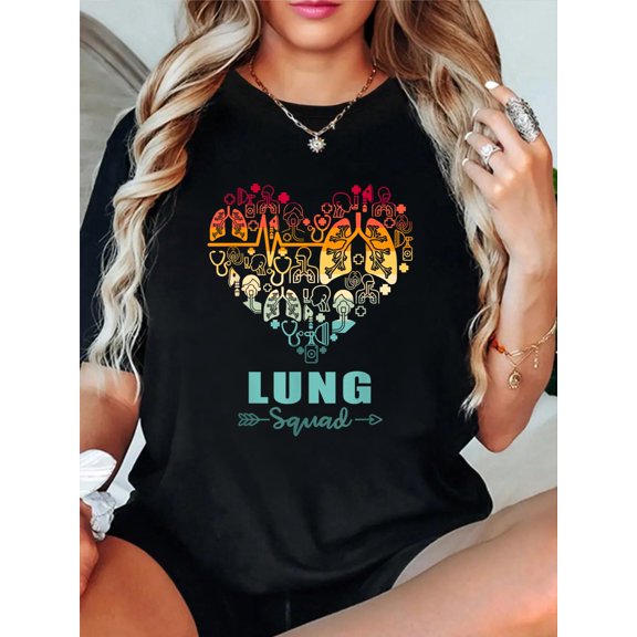 Lung Squad Heart Funny Respiratory Team T-Shirt Graphic Tee summer Tops For Women Round Neck Fashion Cotton shirts
