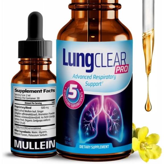 Lung Support Supplement Drops with Wild Mullein Leaf Extract for Lungs and Mucus Relief Support - 2 Fl oz