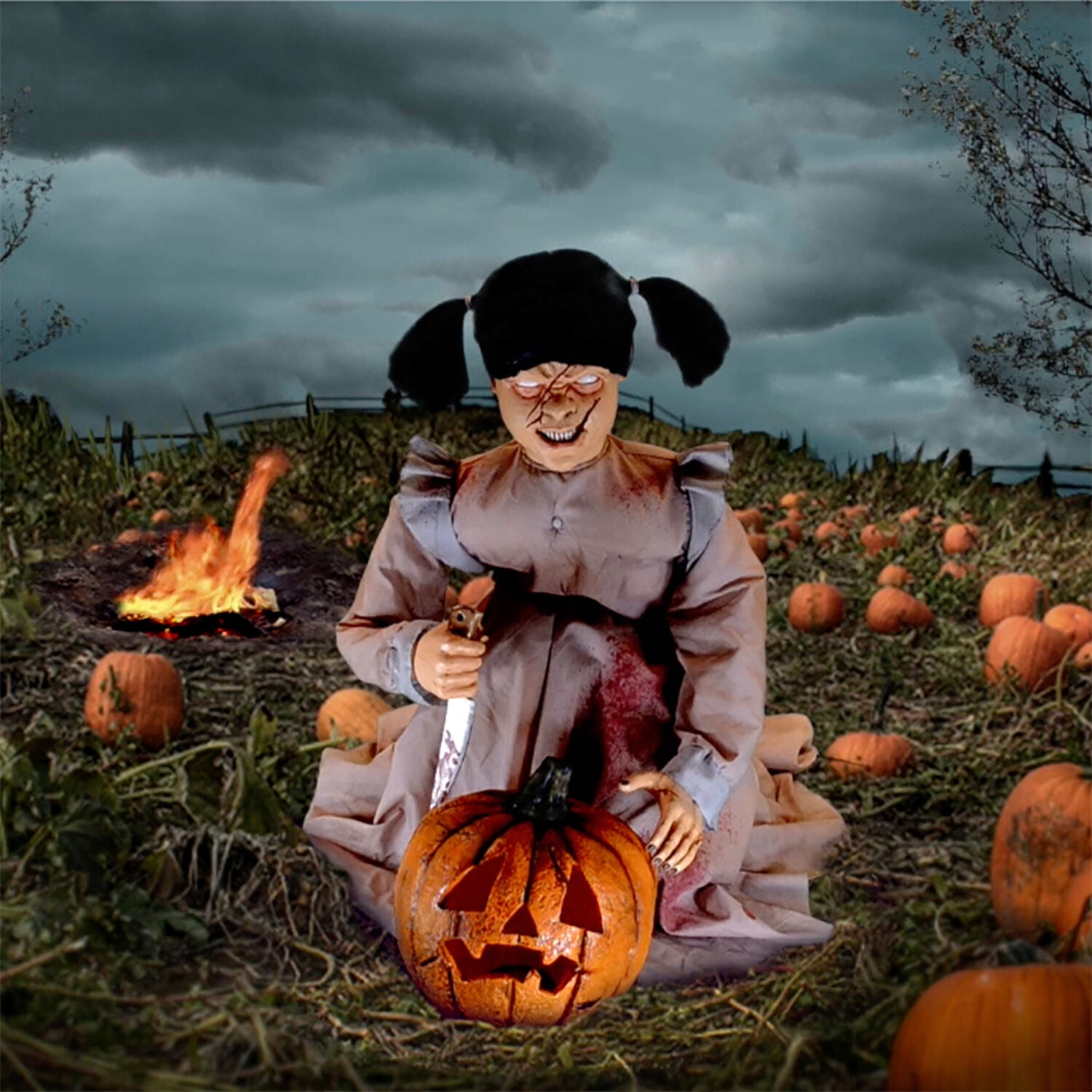 Lunging Pumpkin Carver Zombie Girl with Jack O'Lantern by Tekky,  3.2 ft Premium Talking Halloween Animatronic, HHPMPCVR-FLSA