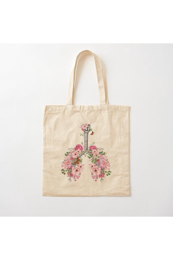 Lungs, Bloom Pink Roses, Anatomy Canvas Tote Bags, Reusable Shopping Bag