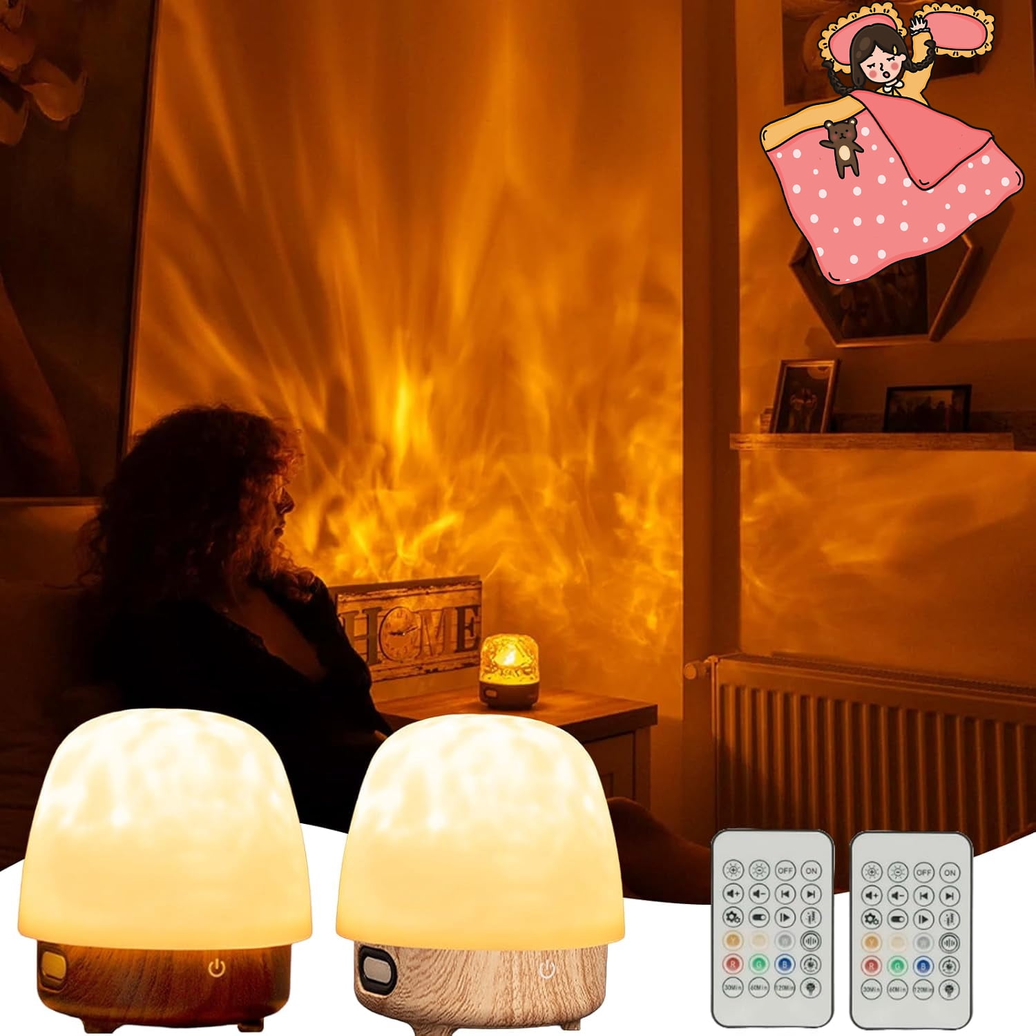 Lunie Lamp - Night Light & Bluetooth Noise Machine, Withlunie Lamp, Ocean Wave Projector Light With Speaker, with Lampshade & Remote Control,4 White Noise/16 Color Dimming/Touch Style (2pc A)