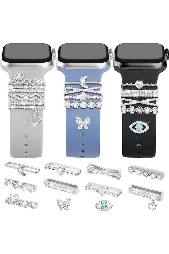 11 Packs Decorative Accessories Compatible with Apple Watch Band Charms 41/40/ 38/ 42/44/ 45/49mm Women, Stainless Steel Bling Metal Bracelet Accessories for iWatch Series 8 SE 7 6 5 4 3 2 1