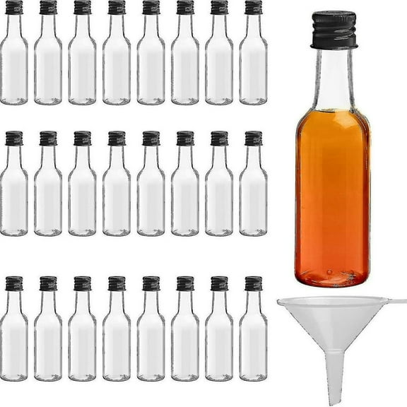 Luniquz 24 Pcs Mini Liquor Bottles Plastic Empty Spirit Bottle with Black Screw Cap Mini Wine Bottles Hot Sauce Bottles Shot Bottles with Caps Liquid Funnel Easy Pouring Party