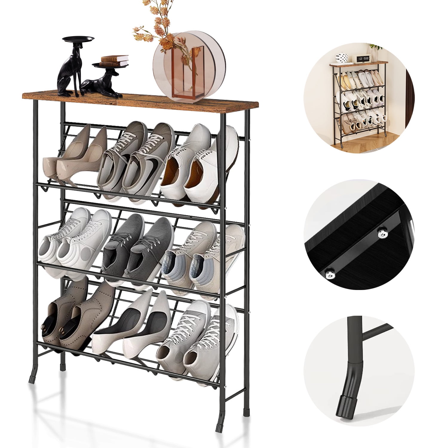 Luniquz 4-Tier Shoe Rack Organizer for Closet Entryway,Metal Iron Shoes Organizer with Wood Top ,Stackable Shoe Shelf for Doorway