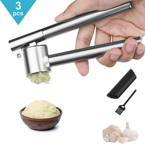 Luniquz Garlic Press Mincer & Crusher 304 Stainless Steel Garlic Press for Kitchen with Handle & Peeler , Garlic Presser Easy to Clean Easy Squeeze Rust Proof