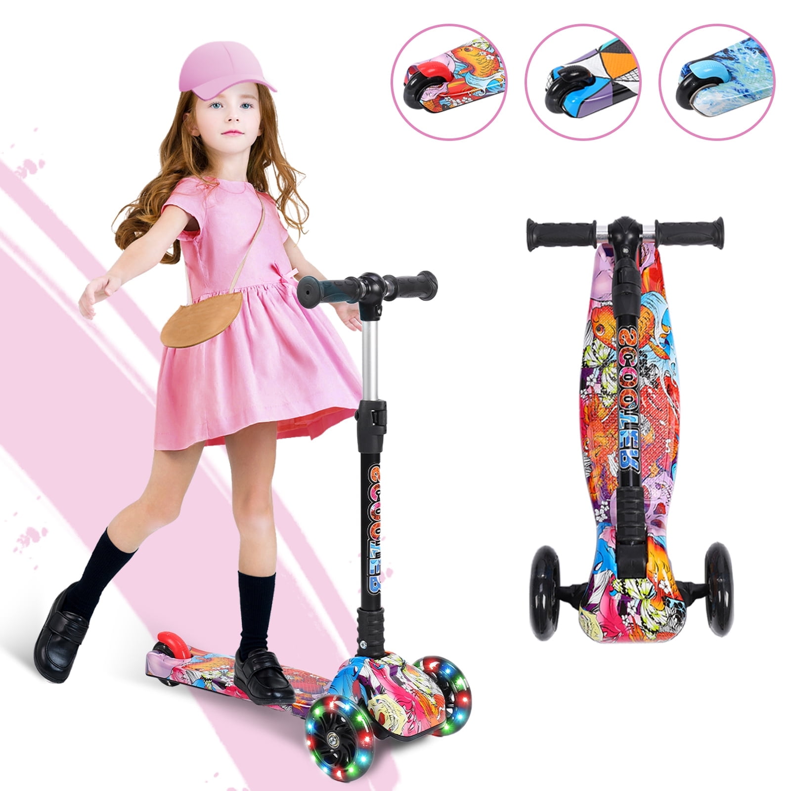 Luniquz Kick Scooter for Kids, Foldable Toddlers Scooter w/ LED 3
