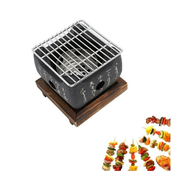 Luniquz Mini Japanese Style BBQ Grill, Portable Barbecue Stove Aluminium Alloy Charcoal Stove with Wire Mesh Grill and Base Japanese Tabletop Household Barbecue Tools