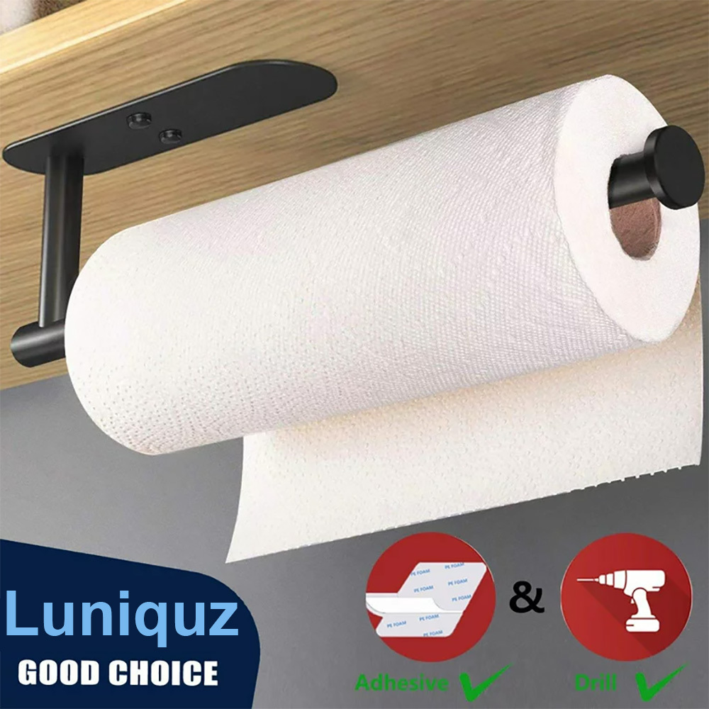 DUFU Wall Mount Paper Towel Holder With Shelf - Matt Black Aluminum, No Drill Adhesive Or Screw Install For Kitchen & Bathroom