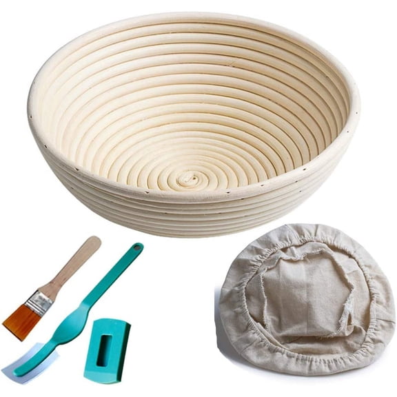 Luniquz Proofing Basket 10" Round for Bread and Dough [FREE BRUSH] Proofing Rising Rattan Bowl(1000g Dough) + FREE LINER + BREAD LAME