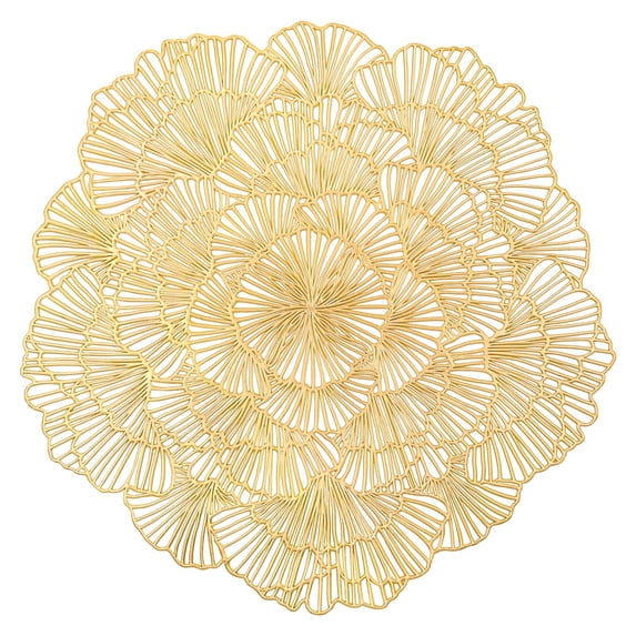 Luniquz Round Gold Placemats Set of 4 Sweet Acacia Elegant Tablemats Flower Round Vinyl Place Mats Table Setting Kitchen Table Mats for Dining Table Holiday Wedding Decorative