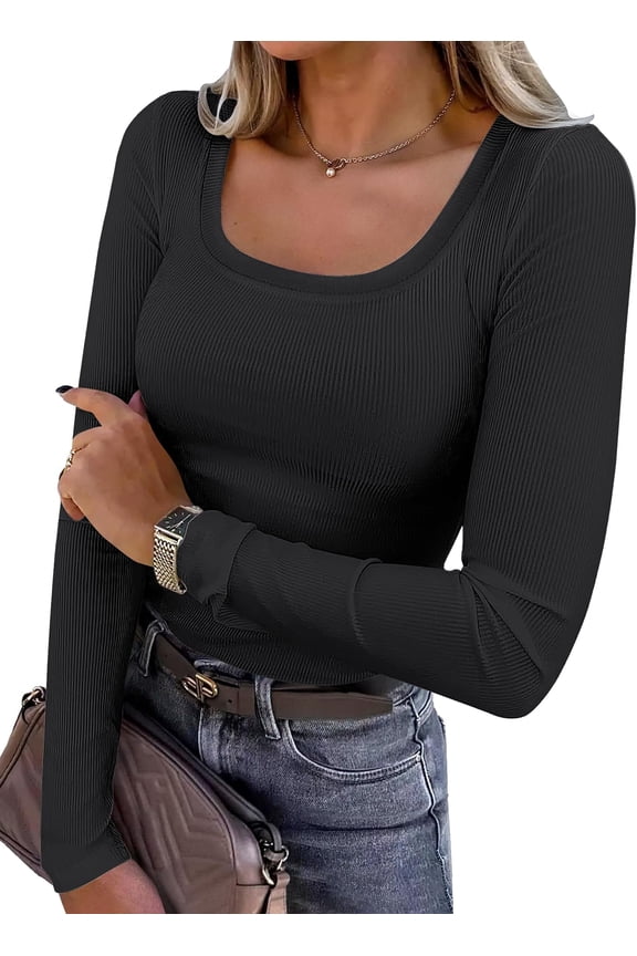 Women Scoop Neck Long Sleeve Shirts Ribbed Slim Fit Casual Top Undershirt Fall Trendy Clothes