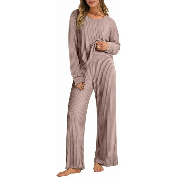 Luniro Lounge Sets for Women Fall Pajamas Set Ribbed Knit Long Sleeve Top Pants 2 Piece Outfits