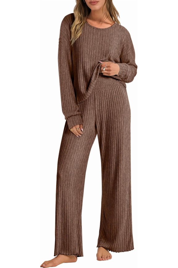 Lounge Sets for Women Fall Pajamas Set Ribbed Knit Long Sleeve Top Pants 2 Piece Outfits