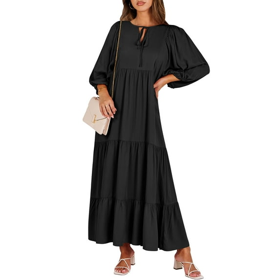 Luniro Boho Maxi Dresses for Women Floral Flowy Loose Fit 3/4 Sleeve Fall Summer Wedding Guest Dress