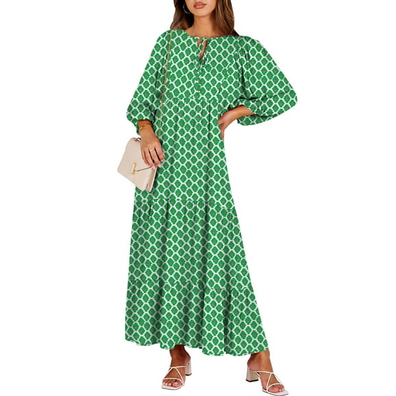 Luniro Boho Maxi Dresses for Women Floral Flowy Loose Fit 3/4 Sleeve Fall Summer Wedding Guest Dress