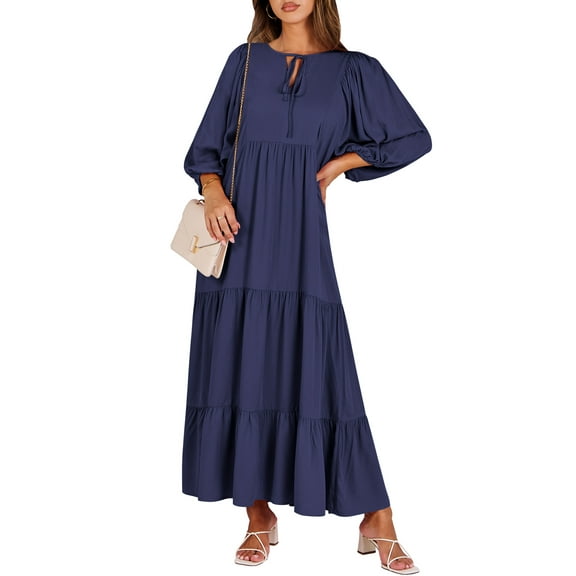 Luniro Boho Maxi Dresses for Women Floral Flowy Loose Fit 3/4 Sleeve Fall Summer Wedding Guest Dress