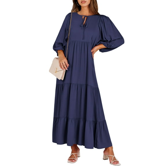 Luniro Boho Maxi Dresses for Women Floral Flowy Loose Fit 3/4 Sleeve Fall Summer Wedding Guest Dress