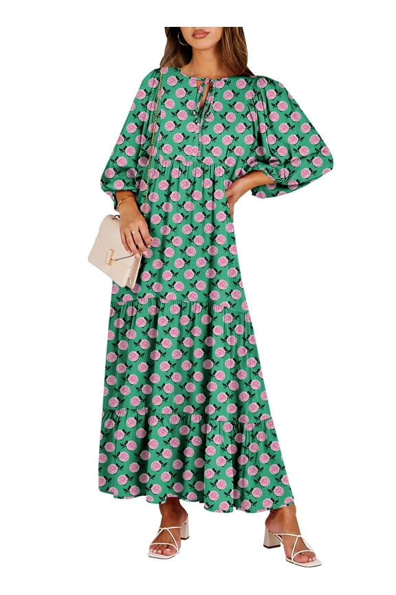 Boho Maxi Dresses for Women Floral Flowy Loose Fit 3/4 Sleeve Fall Summer Wedding Guest Dress