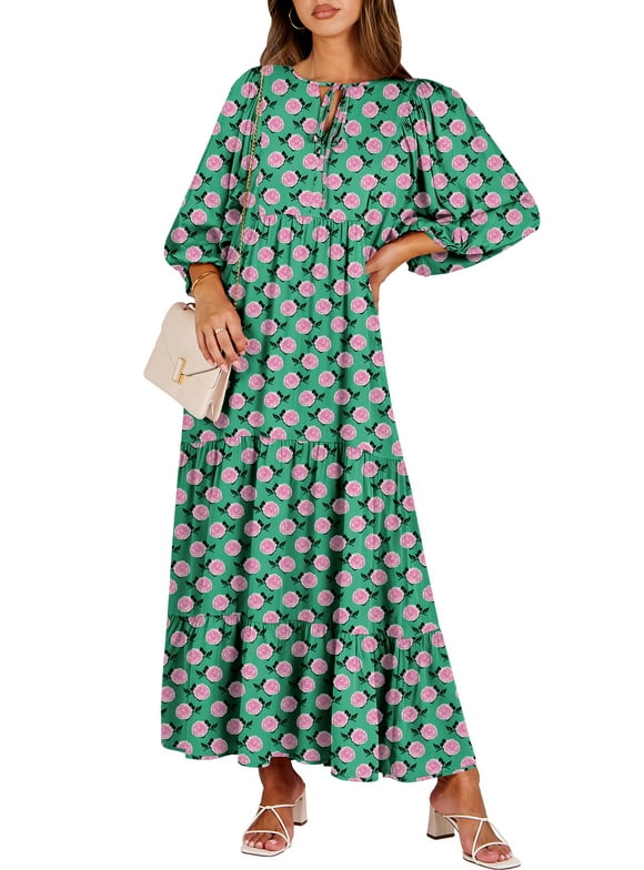Boho Maxi Dresses for Women Floral Flowy Loose Fit 3/4 Sleeve Fall Summer Wedding Guest Dress