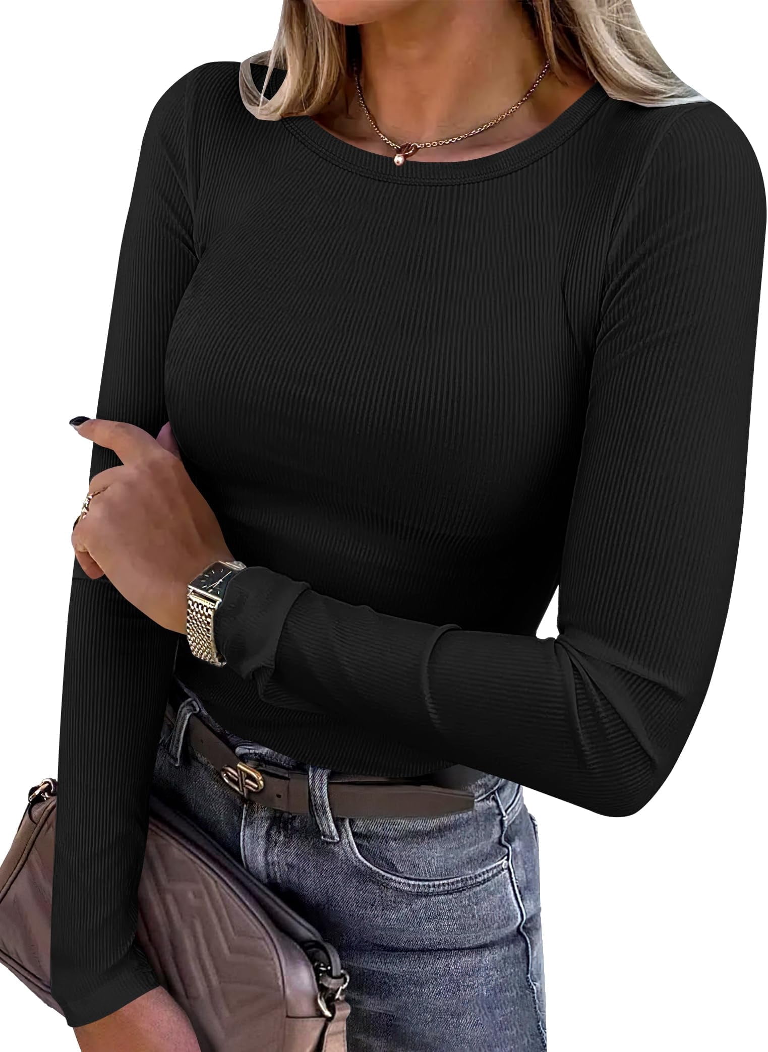 Luniro Women Long Sleeve T-Shirt Crewneck Rib Knit Slim Fit Shirts 2026 ...