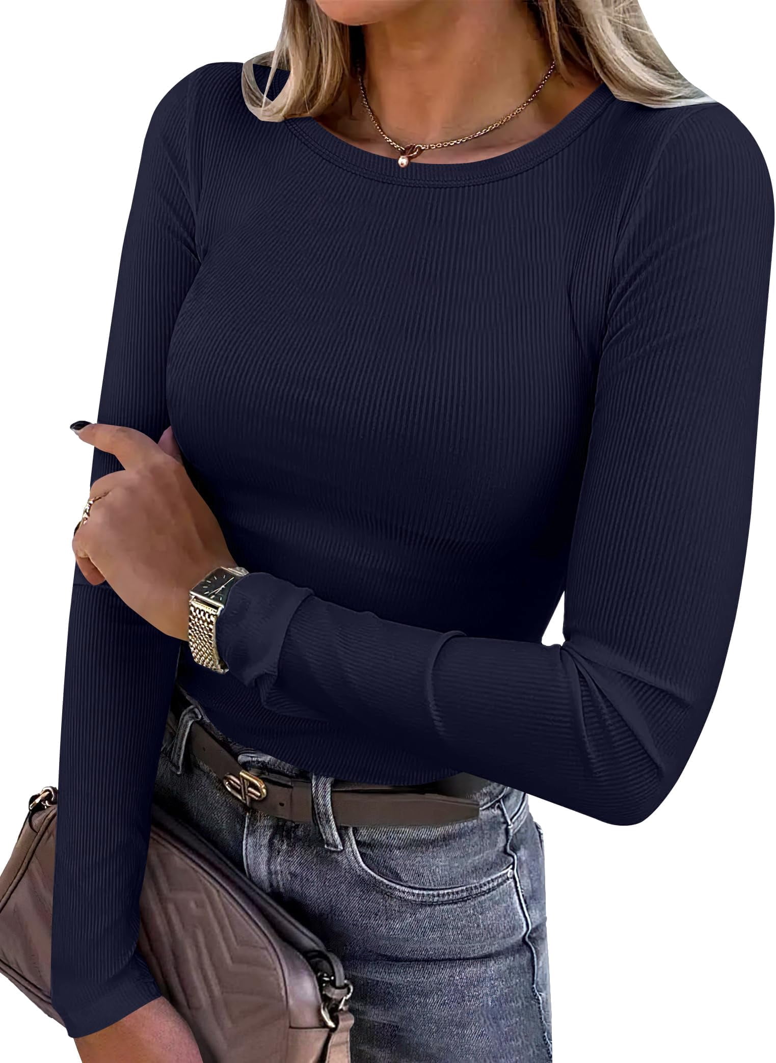 Women's Ribbed Long Sleeve Crop Top - Square Neck Y2K Slim Fitted Basic Top | Casual Going Out Shirt