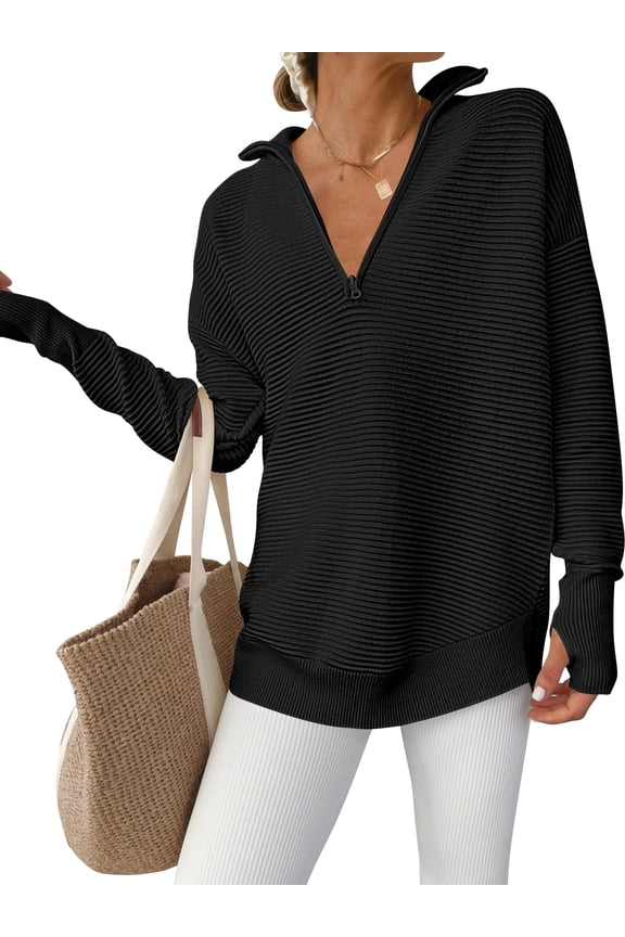 Women Quarter Zip Sweaters Long Sleeve Casual Ribbed Knit Pullover Sweater Fall Trendy Tops