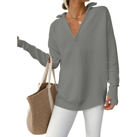Luniro Women Quarter Zip Sweaters Long Sleeve Casual Ribbed Knit Pullover Sweater Fall Trendy Tops