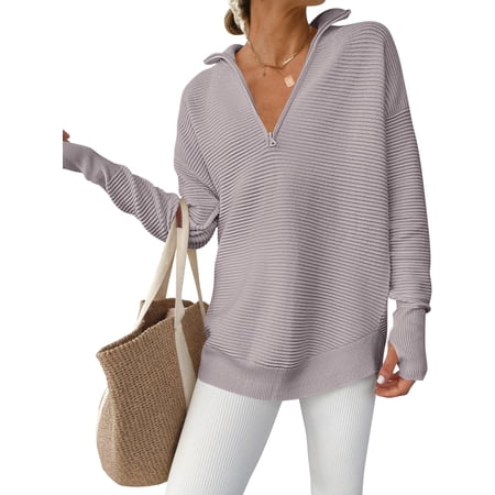 Luniro Women Quarter Zip Sweaters Long Sleeve Casual Ribbed Knit Pullover Sweater Fall Trendy Tops