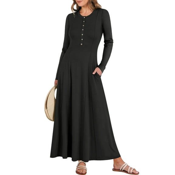 Luniro Women Fall Maxi Dresses Long Sleeve A-Line Flowy Fit & Flare 2025 Buttons Dress with Pockets