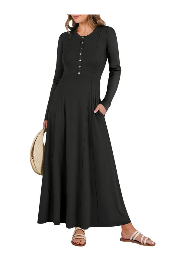 Women Fall Maxi Dresses Long Sleeve A-Line Flowy Fit & Flare 2025 Buttons Dress with Pockets