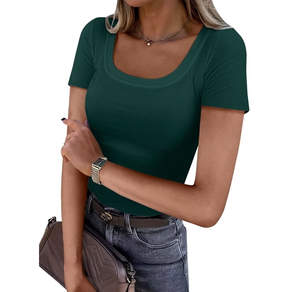Luniro Women's Basic Tops Scoop Neck T Shirts Ribbed Knit Slim Short Sleeve Tee Clothes Trendy 2026