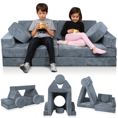 Lunix LX15 14-Piece Modular Kids Play Couch, Memory Foam Sofa, Convertible Toddler Furniture, Gray