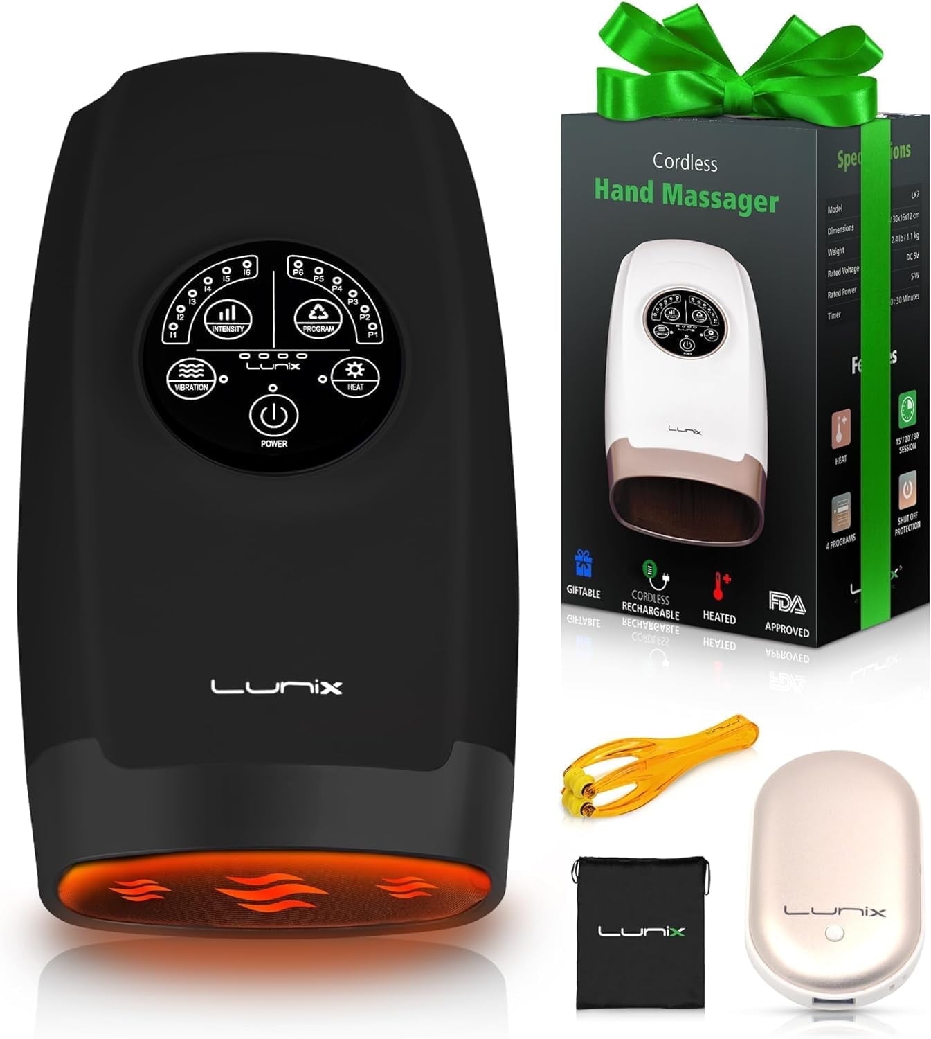 Lunix LX3 Electric Hand Massager with Heat and Compression, Cordless, for Arthritis and Carpal Tunnel Relief, Black